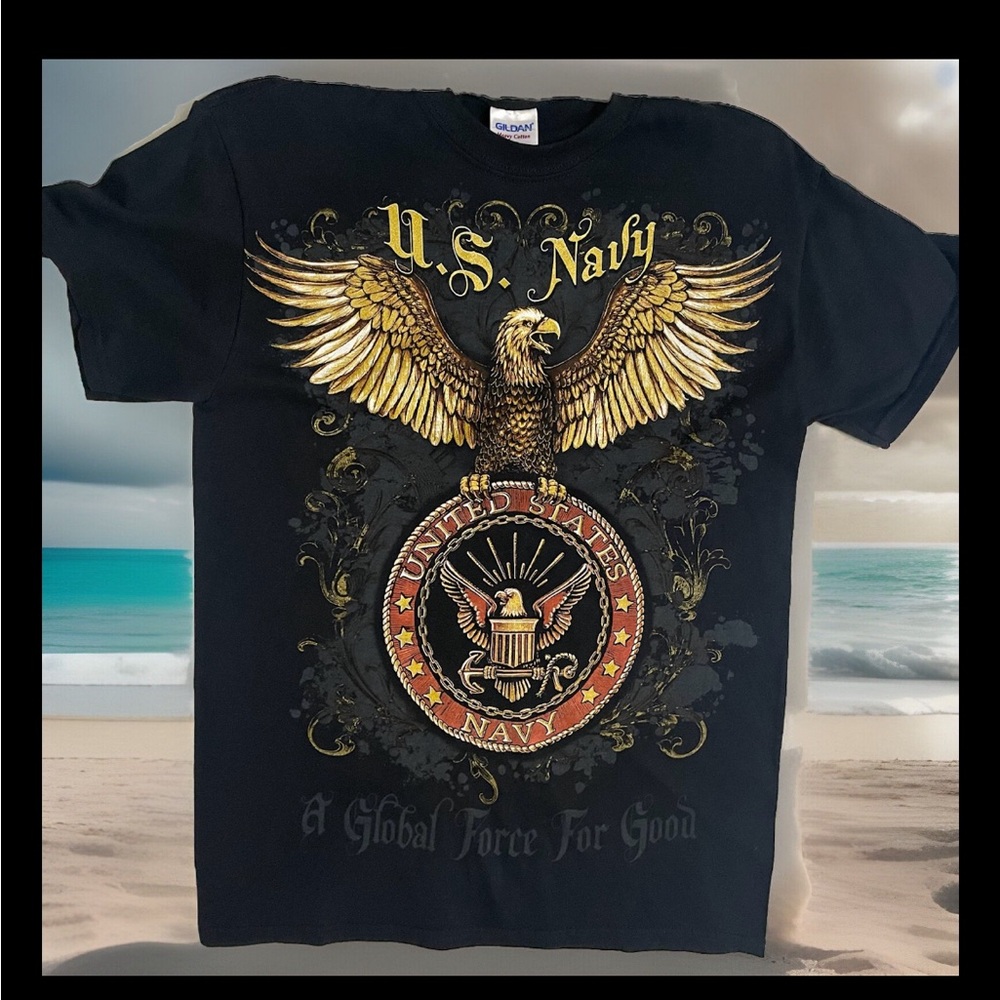 USN U.S. NAVY Golden Eagle T-Shirt Black Global Force for Good Heavy Cotton M